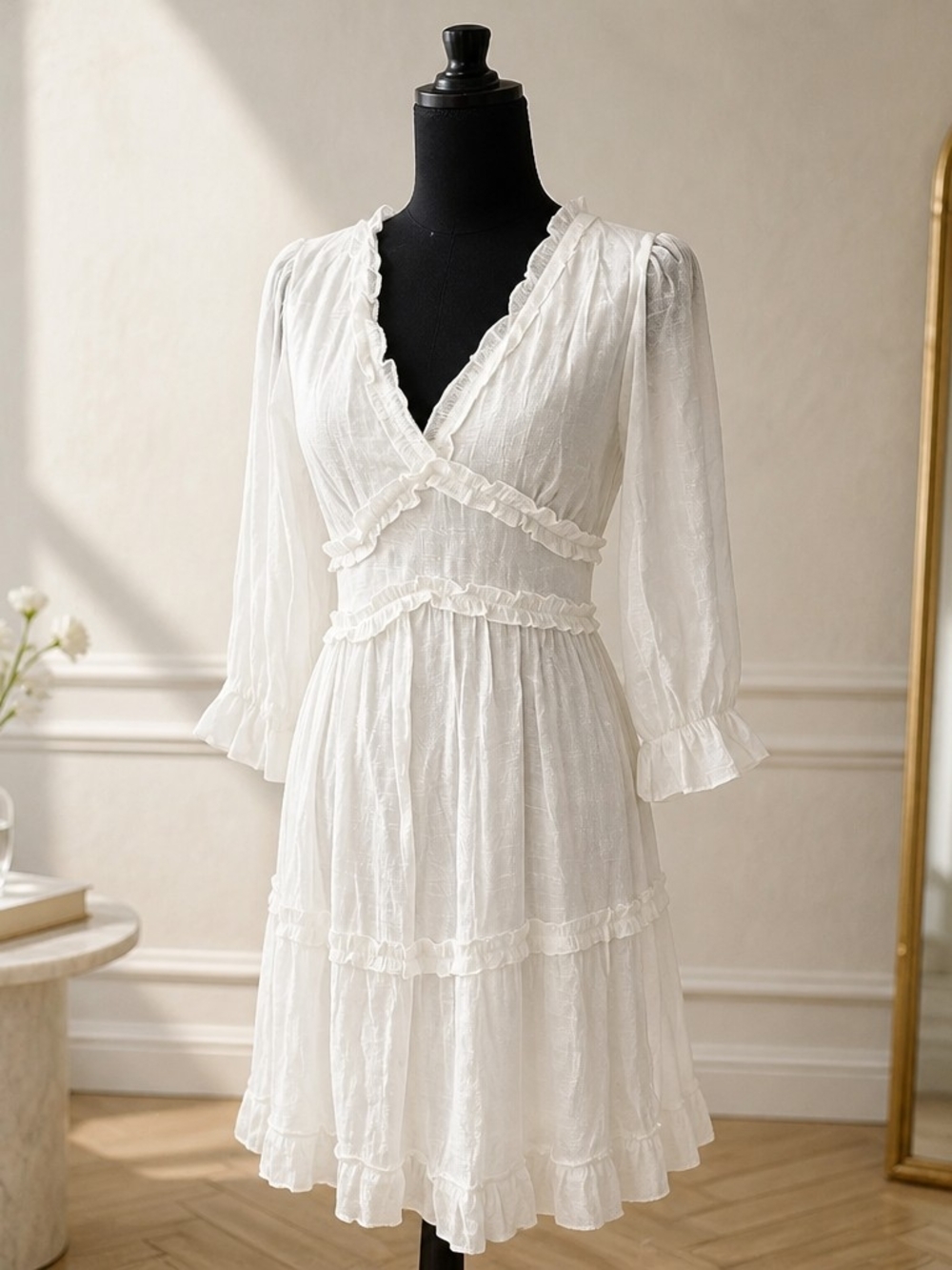 J Gee White 3/4 Sleeve Tiered Dress Size S